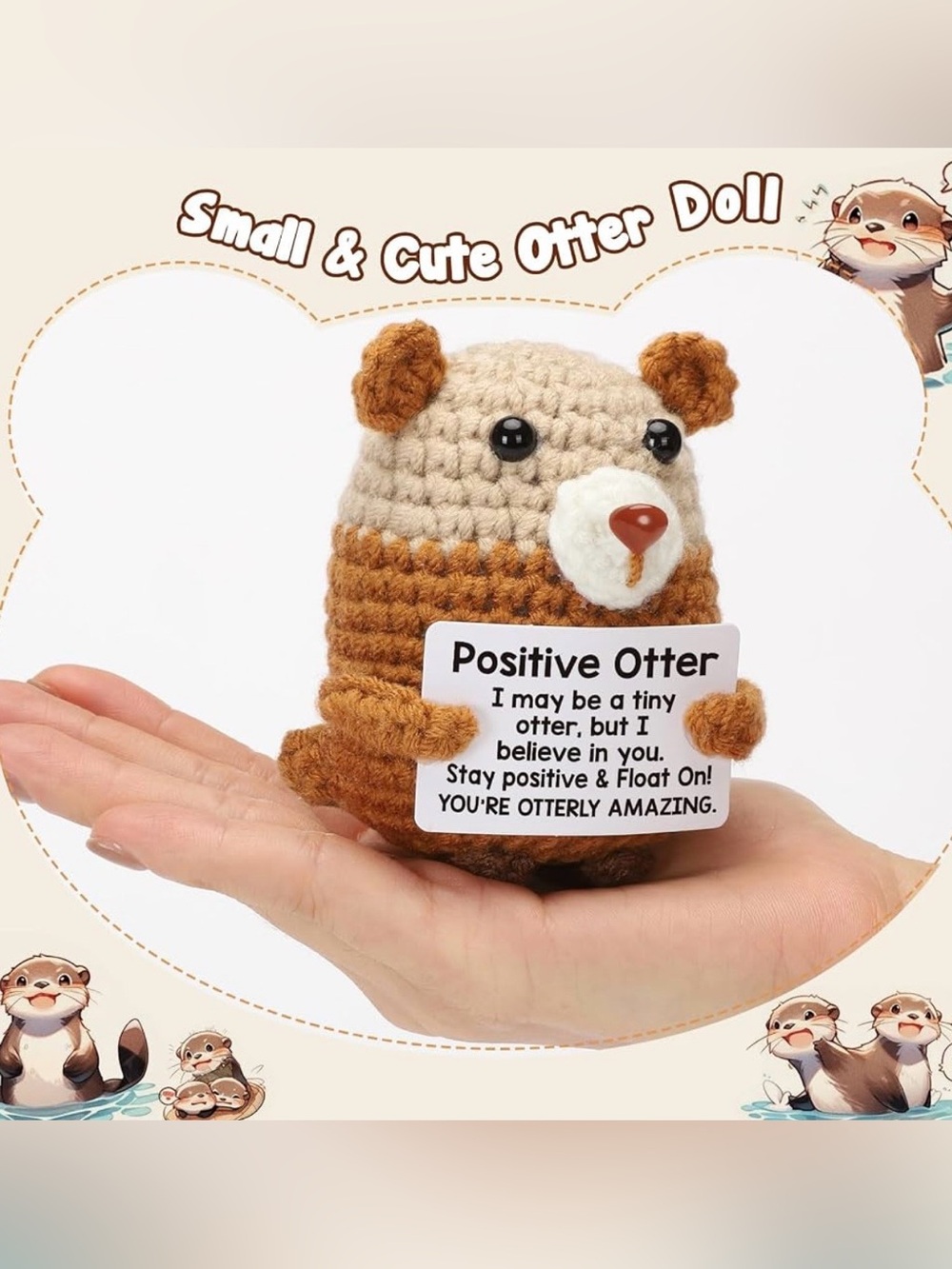 Emotional Support Doll, Otter Handmade Crochet in Browns with a Positive Message - Picture 2 of 4